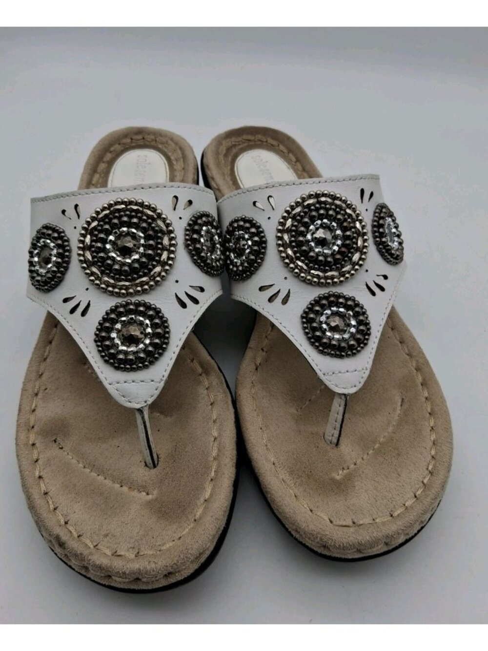 Sole Sense Ability Sandals Women’s 5.5M Flip Flops Wedge White Leather Boho - Picture 2 of 10